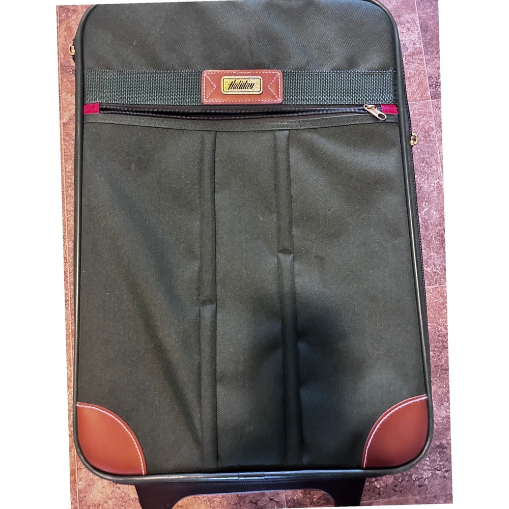 Holiday Rolling Suitcase Forest Green Canvas Brown Trim Carry On Upright Luggage